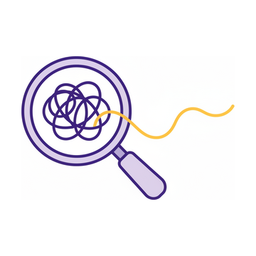 Illustration of a magnifying glass untangling a knotted thread
