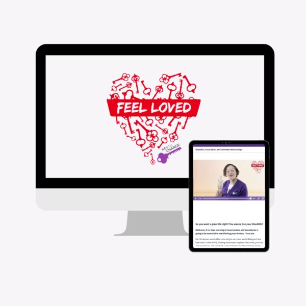 Feel Loved online course by Keeley Taverner, shown on desktop and tablet